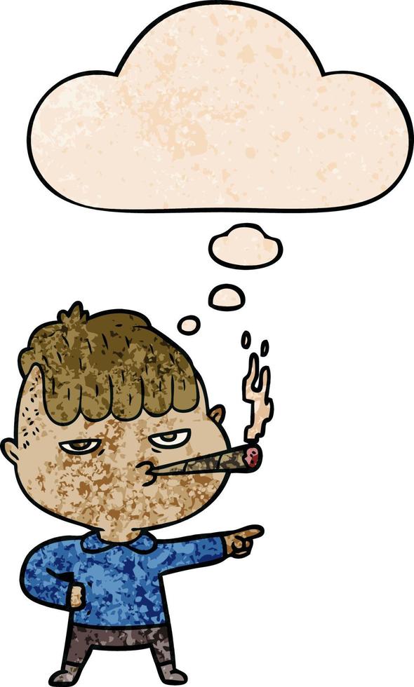 cartoon man smoking and thought bubble in grunge texture pattern style vector