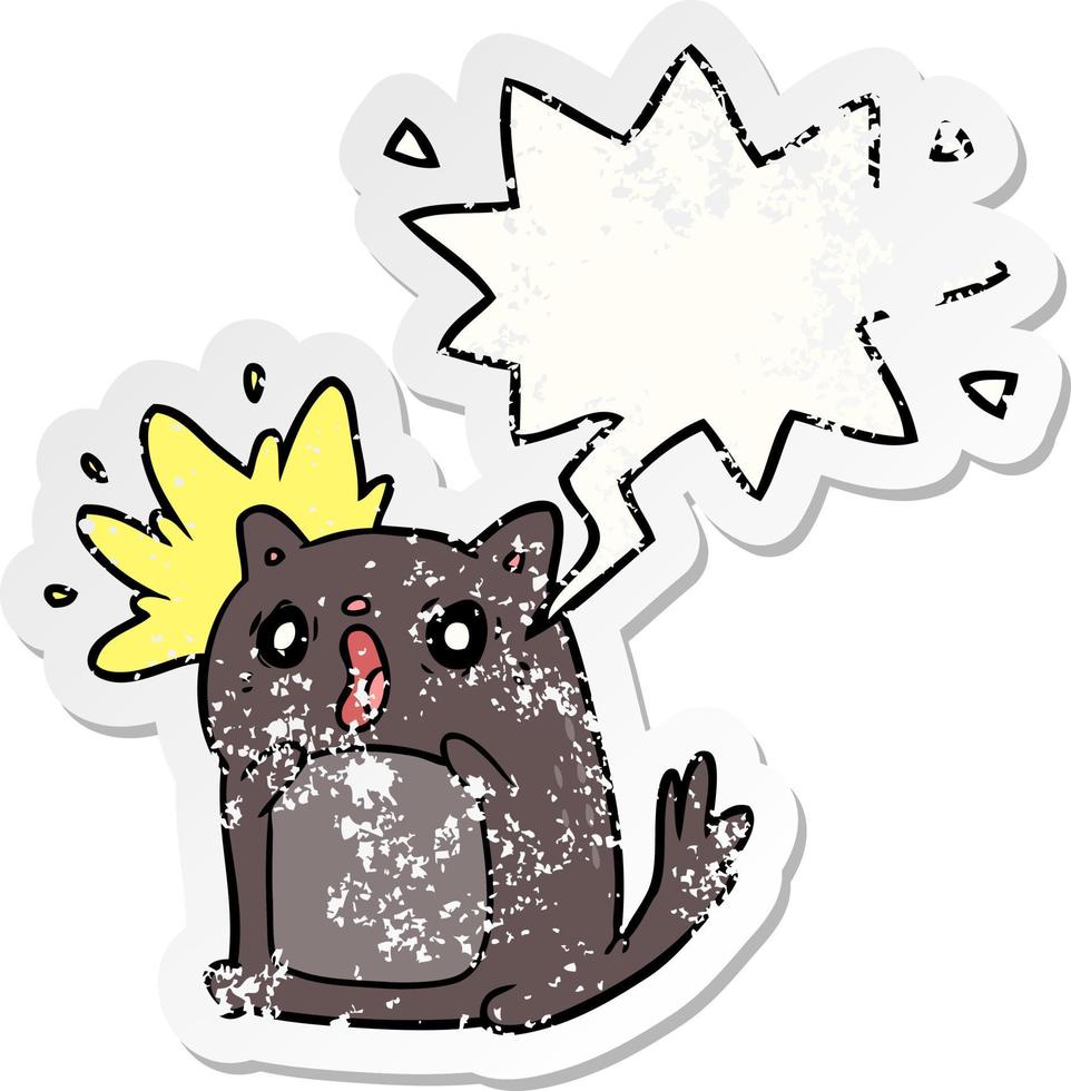 cartoon shocked cat amazed and speech bubble distressed sticker vector