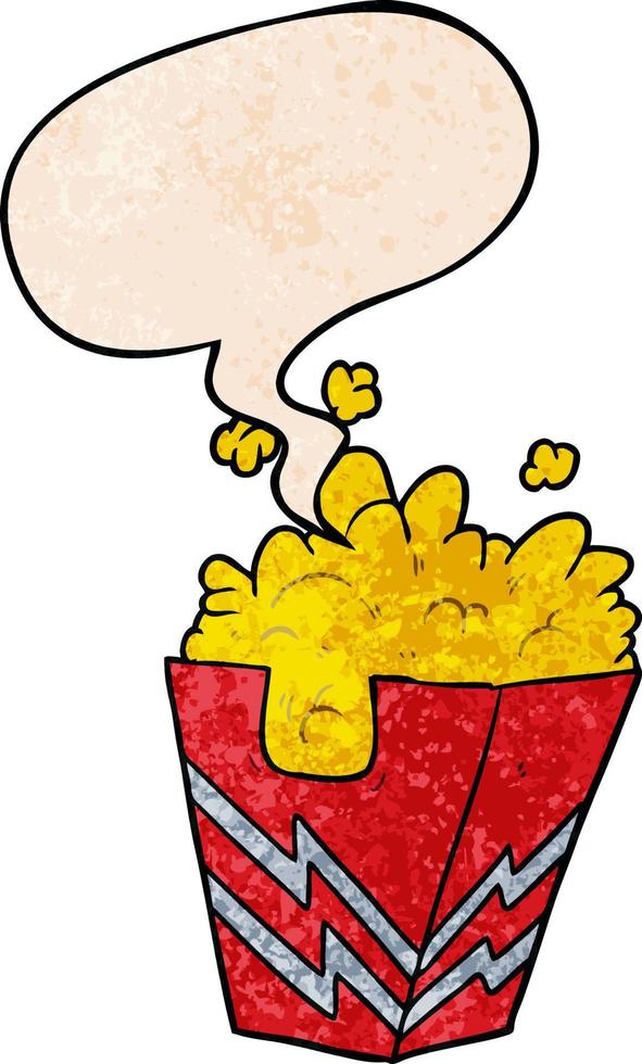 cartoon box of popcorn and speech bubble in retro texture style vector