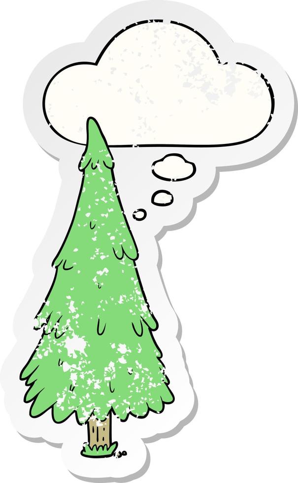 cartoon christmas tree and thought bubble as a distressed worn sticker vector