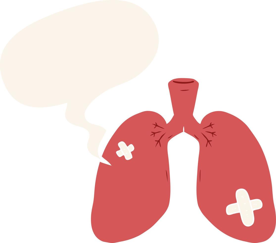 cartoon repaired lungs and speech bubble in retro style vector