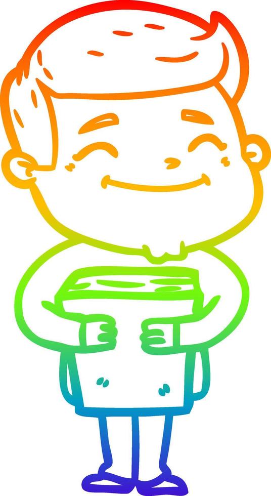rainbow gradient line drawing happy cartoon man holding book vector