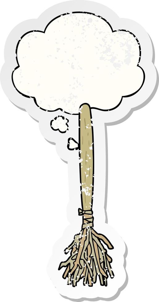 cartoon magic broom and thought bubble as a distressed worn sticker vector
