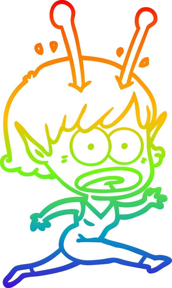 rainbow gradient line drawing cartoon shocked alien girl vector