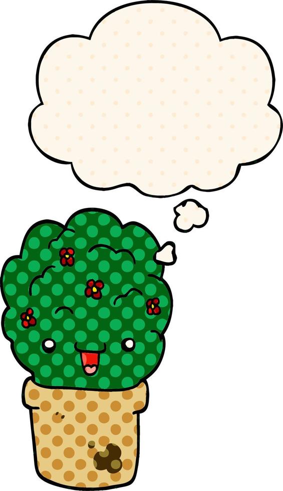 cartoon shrub in pot and thought bubble in comic book style vector