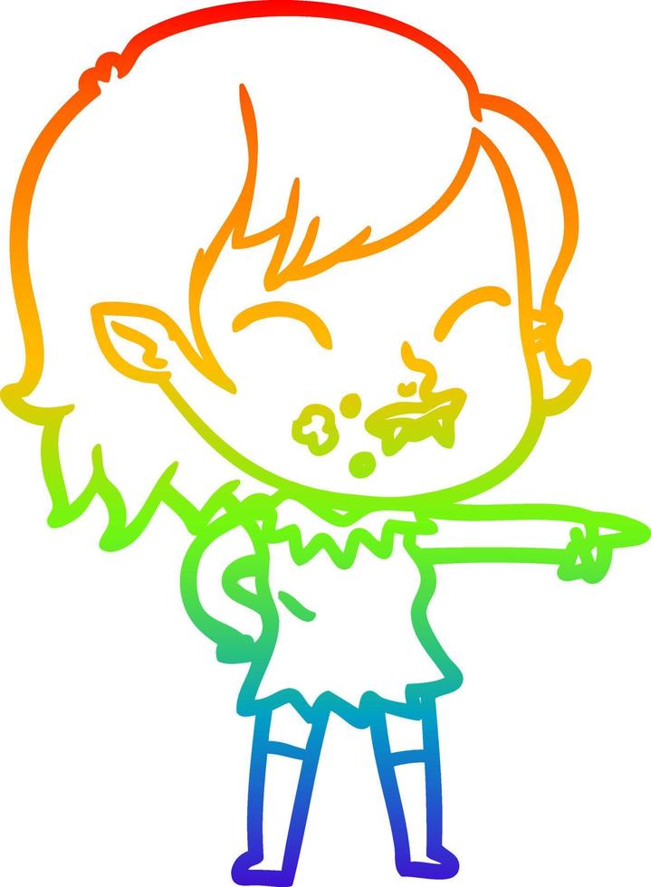 rainbow gradient line drawing cartoon vampire girl with blood on cheek vector