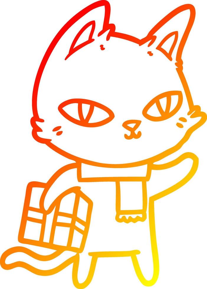 warm gradient line drawing cartoon cat with gift vector
