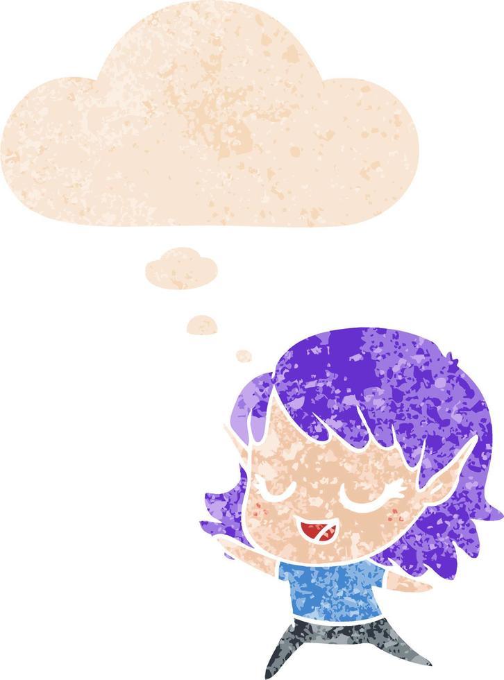 carton happy elf girl dancing and thought bubble in retro textured style vector