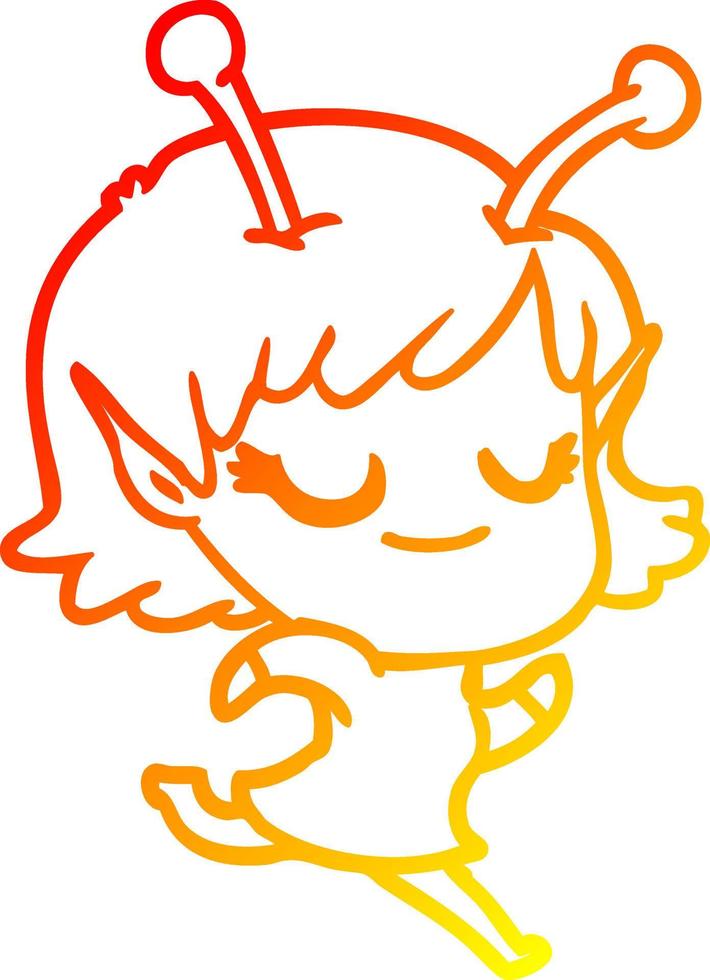 warm gradient line drawing smiling alien girl cartoon running vector