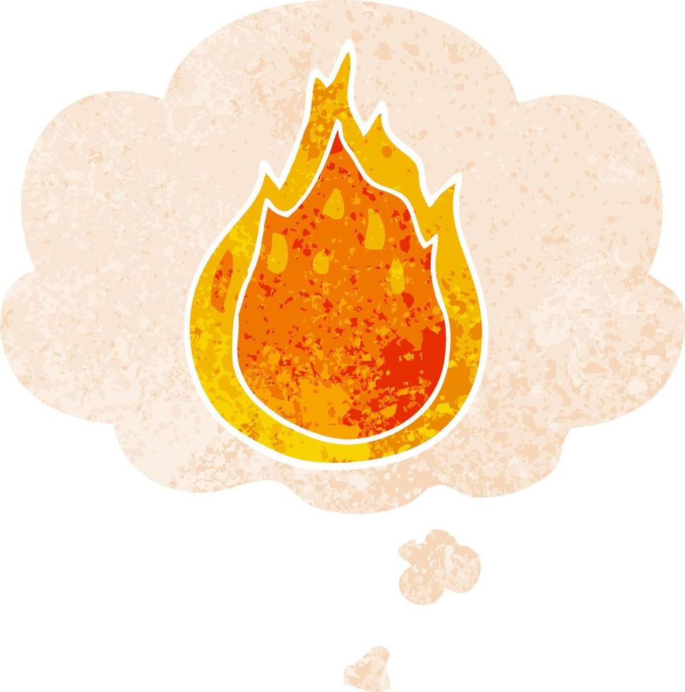 cartoon fire and thought bubble in retro textured style vector