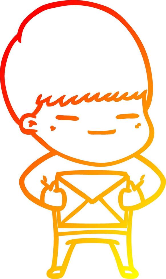 warm gradient line drawing cartoon smug boy carrying present vector