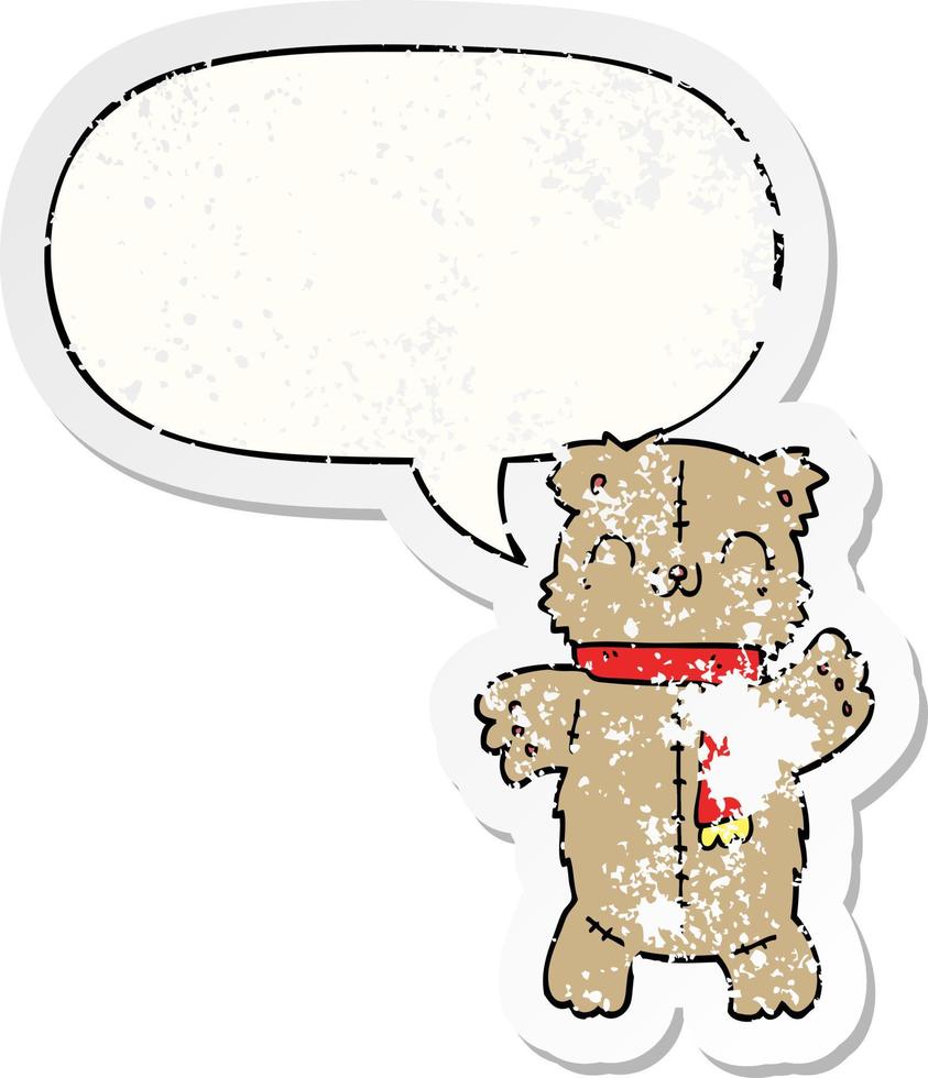 cartoon teddy bear and speech bubble distressed sticker vector