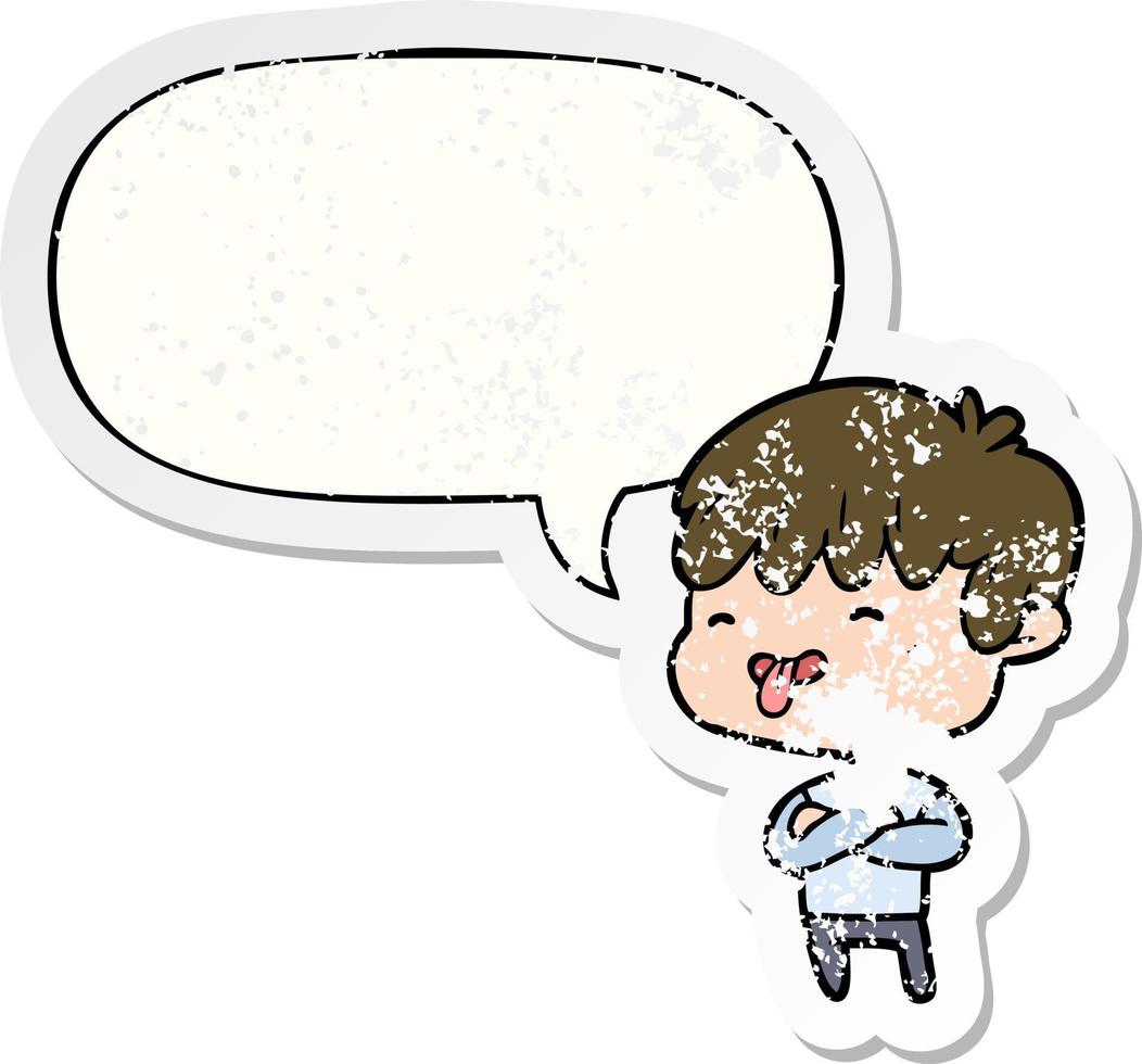 cartoon boy sticking out tongue and speech bubble distressed sticker vector