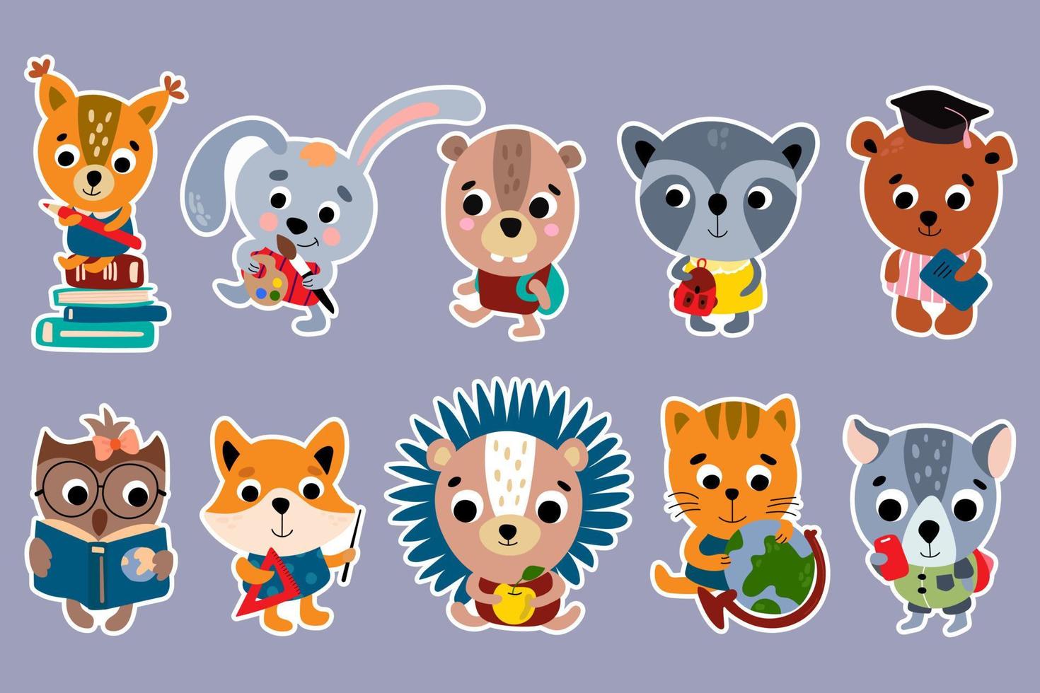 Back to school. Animal stickers set. Vector illustration.