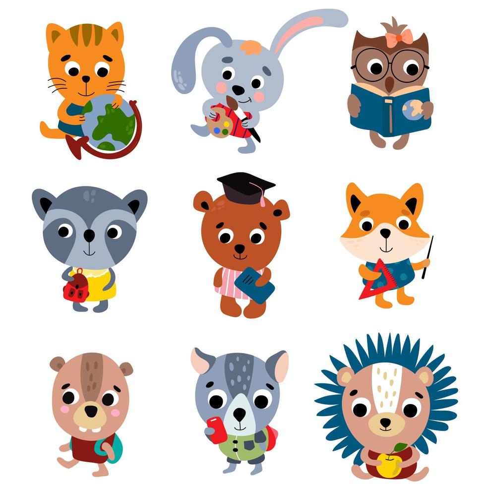 Back to school. Students little animals set. White background, isolate. Vector illustration.