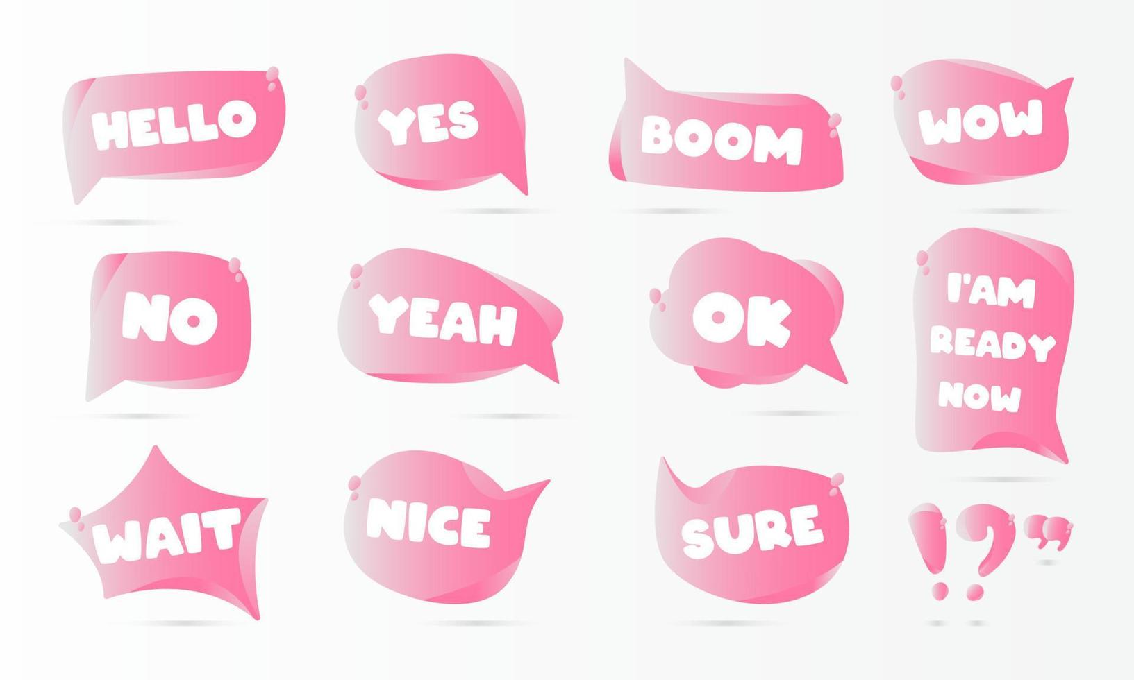 3D speech bubbles set pink with various frequently used words vector