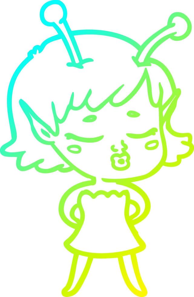 cold gradient line drawing cute alien girl cartoon vector