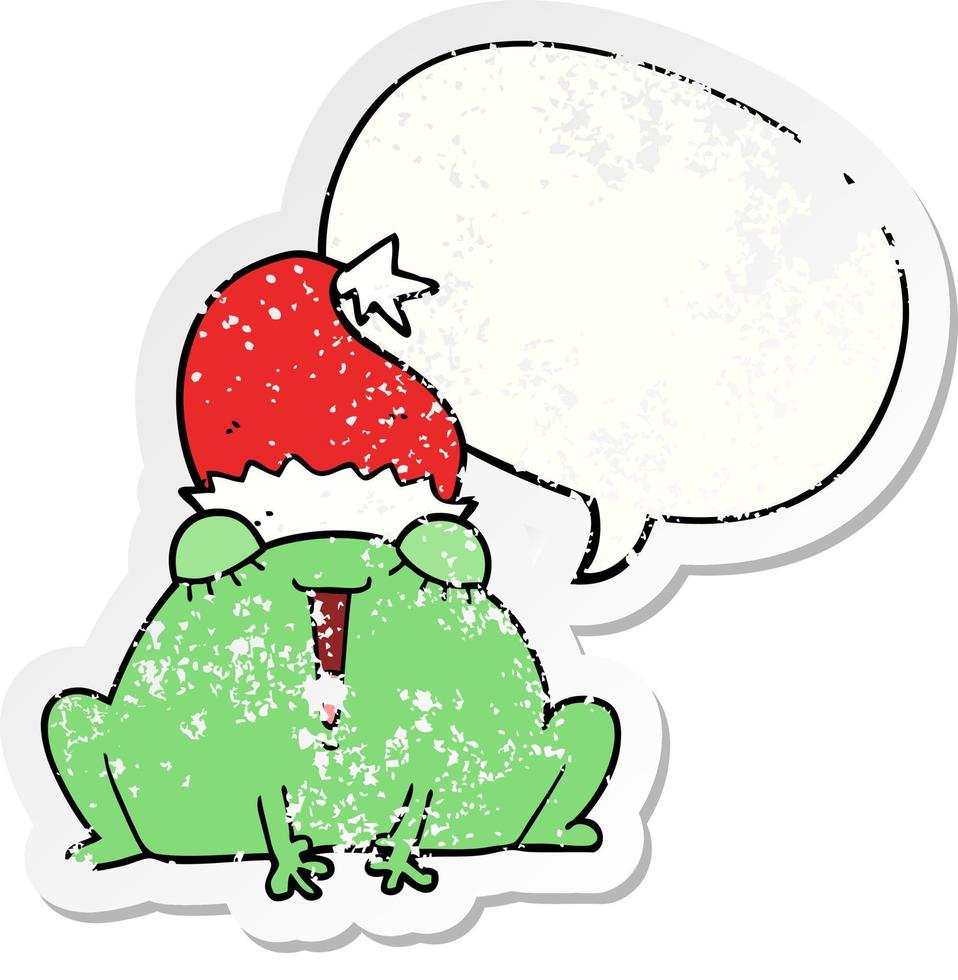 lindo dibujo animado de rana de navidad y bocadillo de diálogo pegatina angustiada vector