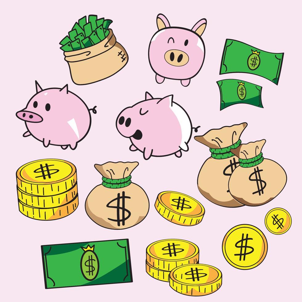The piggy bank and money bundle set vector image