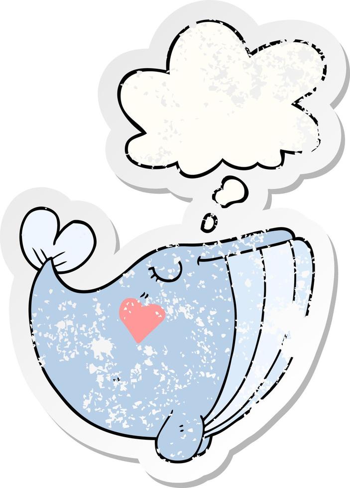 cartoon whale with love heart and thought bubble as a distressed worn sticker vector