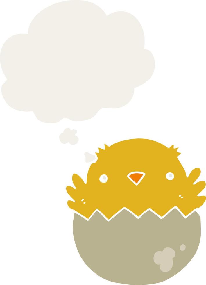 cartoon chick hatching from egg and thought bubble in retro style vector