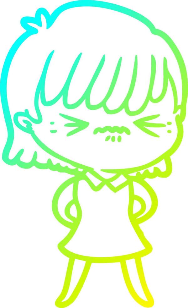 cold gradient line drawing annoyed cartoon girl vector