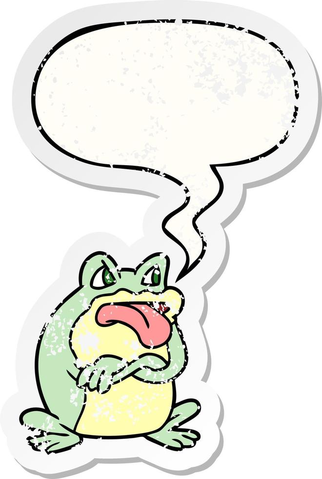grumpy cartoon frog and speech bubble distressed sticker vector