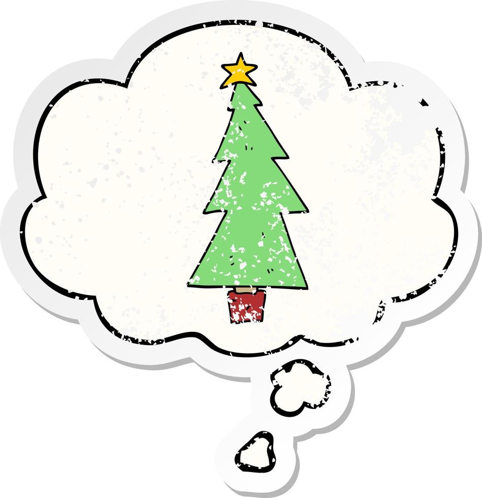 cartoon christmas tree and thought bubble as a distressed worn sticker vector