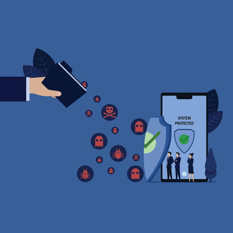 Business team see folder spread virus to phone protected by shield. vector