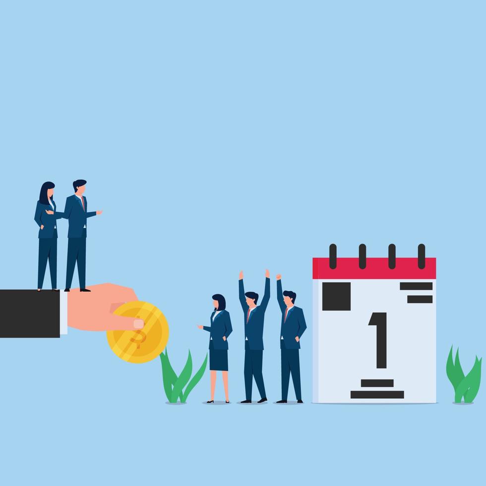 People happy because it is 1st month for salary payment. Business flat vector concept illustration.