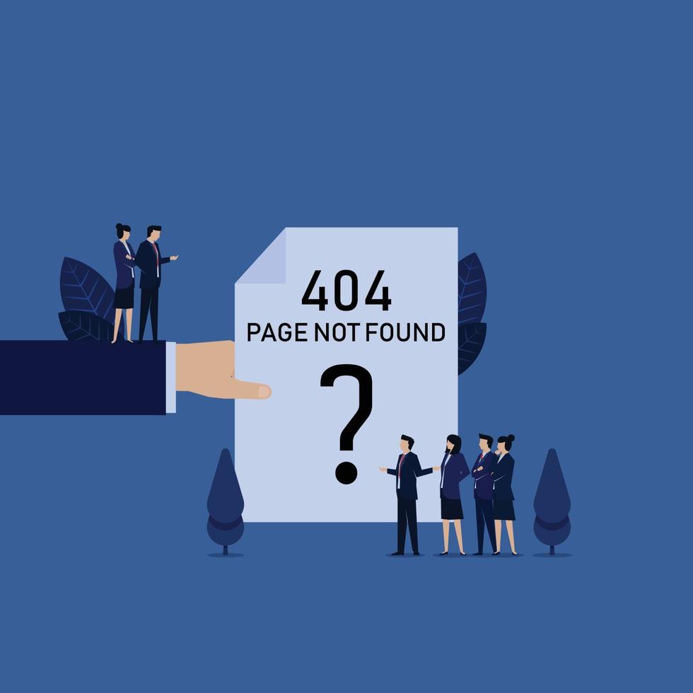 Business hand hold 404 error page paper team complain to manager. vector