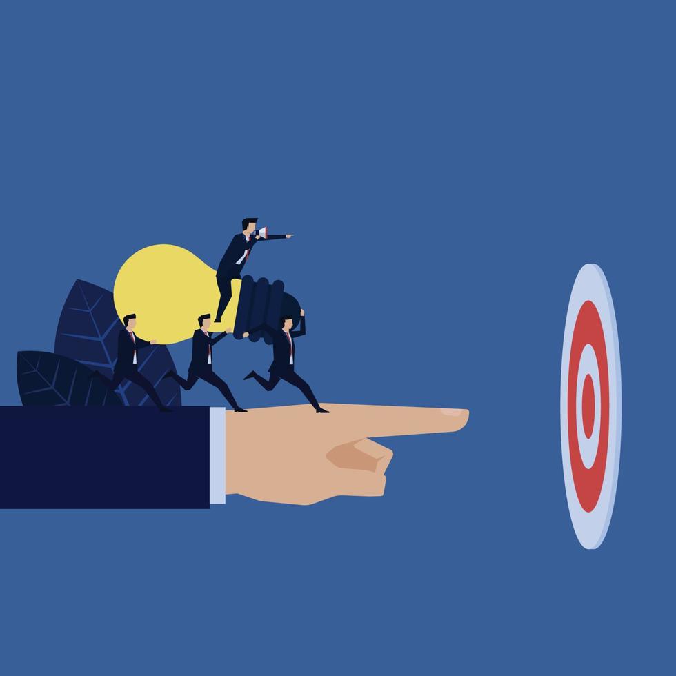 Business manager instruct to bring idea to target metaphor of teamwork. vector