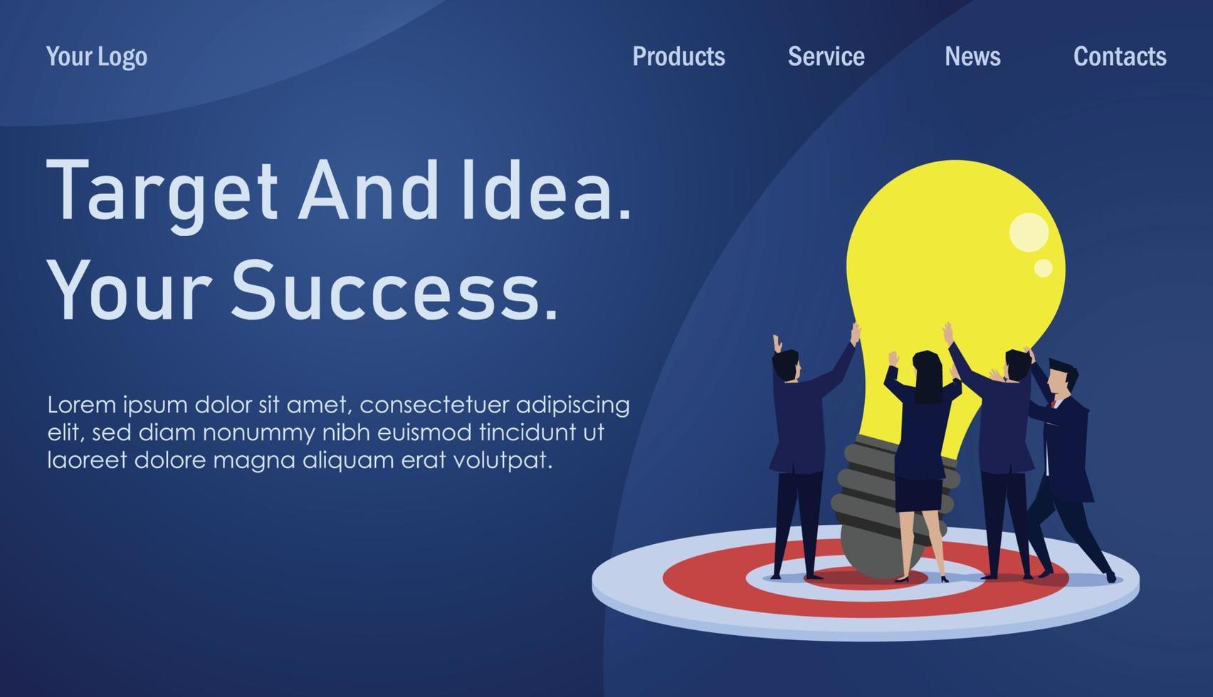 Team of businessman and woman try to enforce the idea together on the targeted floor. Business Landing Page Template. vector