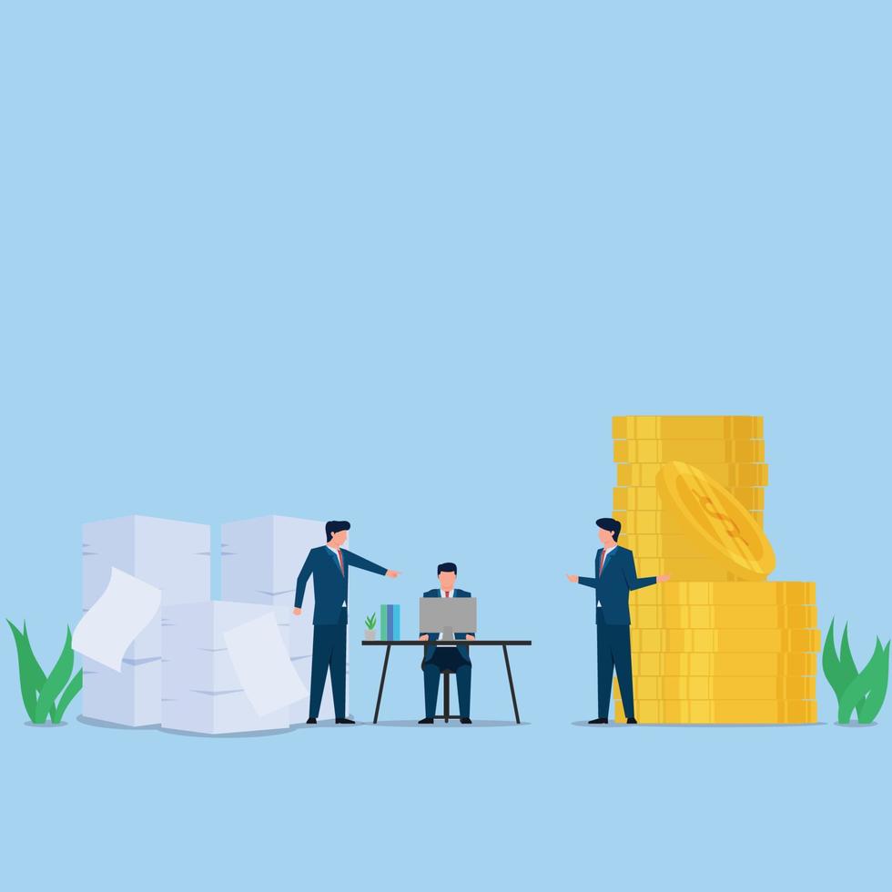 Man work at desk beyond paper stack and money metaphor of effort and reward. Business flat vector concept illustration.