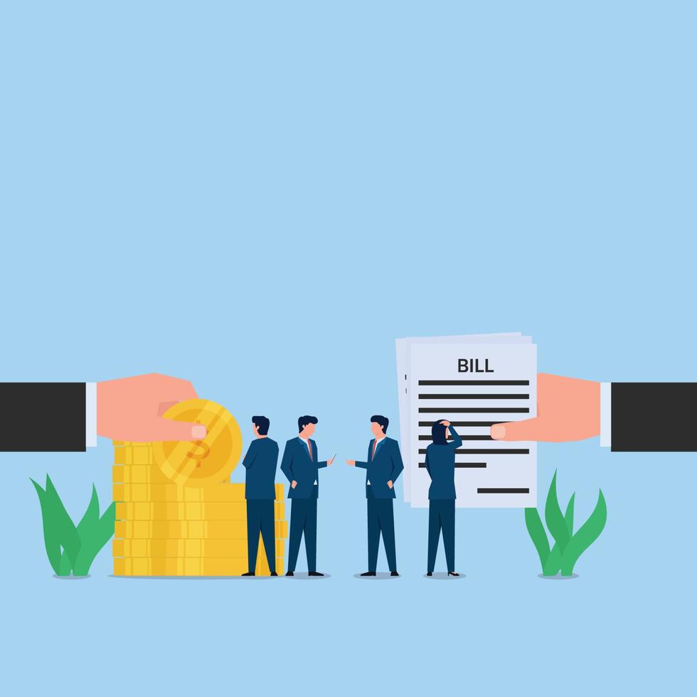 Business people pay the bill with coins stack. Metaphor of tax and financial problem. vector