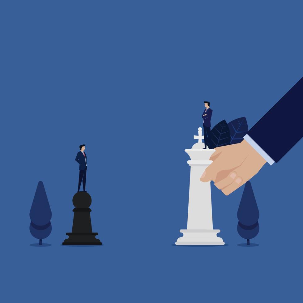 Business man standing above pawns challenge for king chess metaphor of strategy. vector