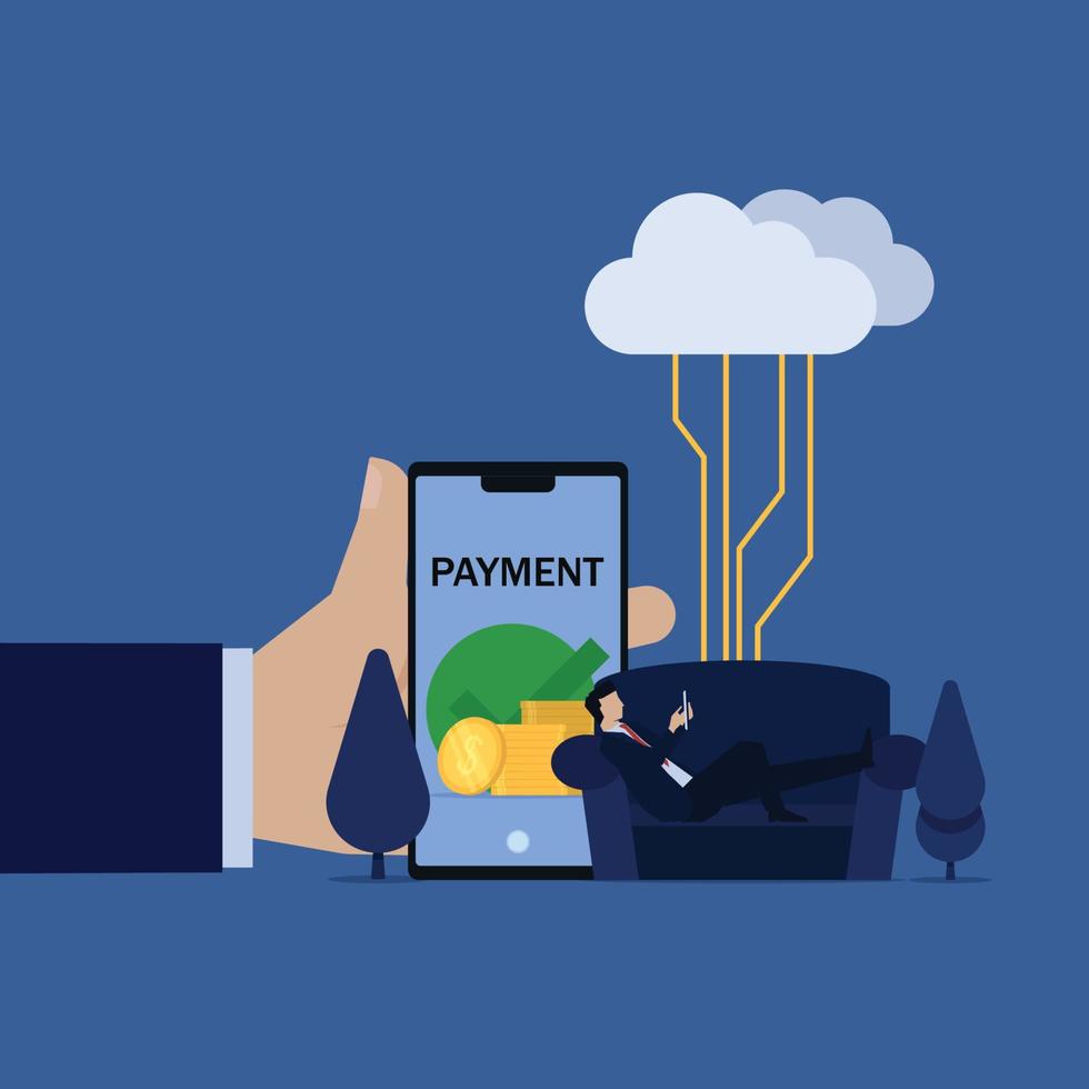 Business man lay on sofa holding phone internet connected and get money metaphor of remote work from home. vector