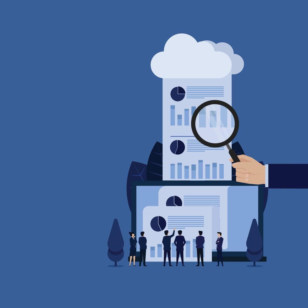 Business hand hold magnify and report came out from cloud metaphor of online audit review. vector