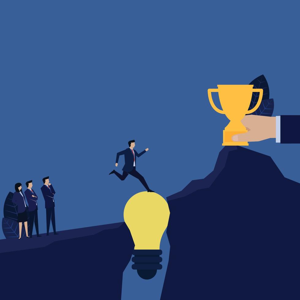 Businessman run towards trophy above idea bridge metaphor of idea for achievement. vector