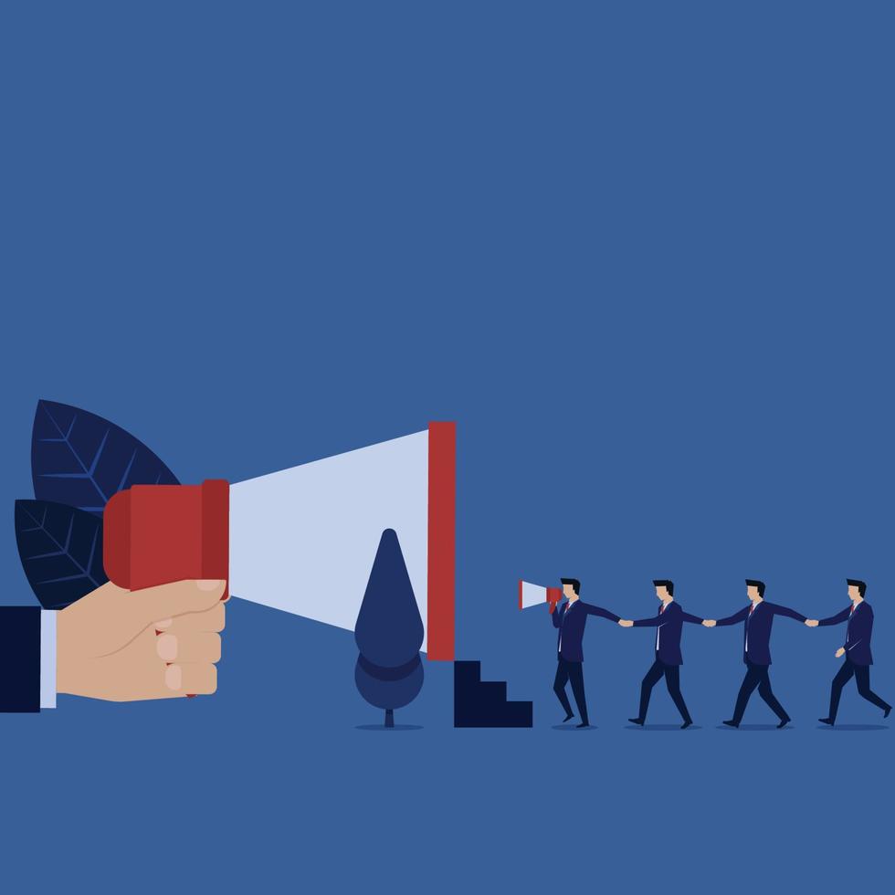 Business referral walk together to megaphone metaphor of invite your friend. vector