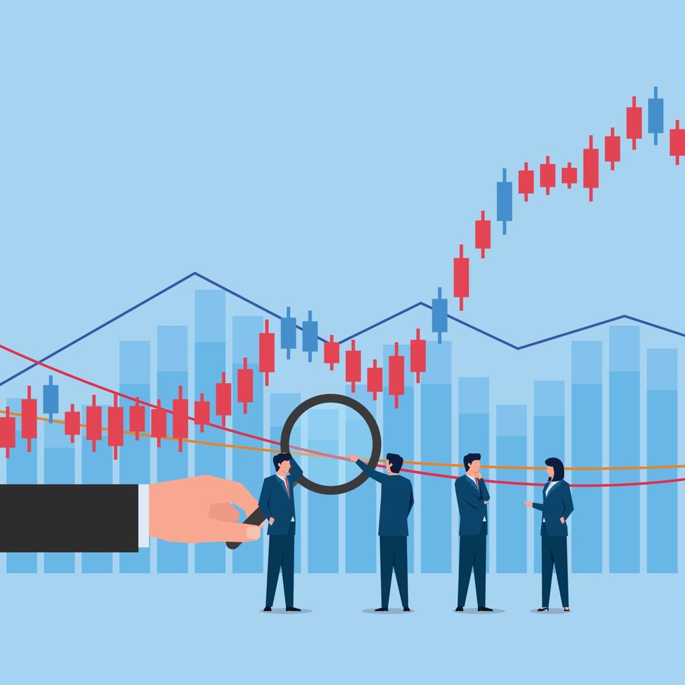 Hand hold magnify on stock trading chart and people discuss about it. Business flat vector concept illustration.