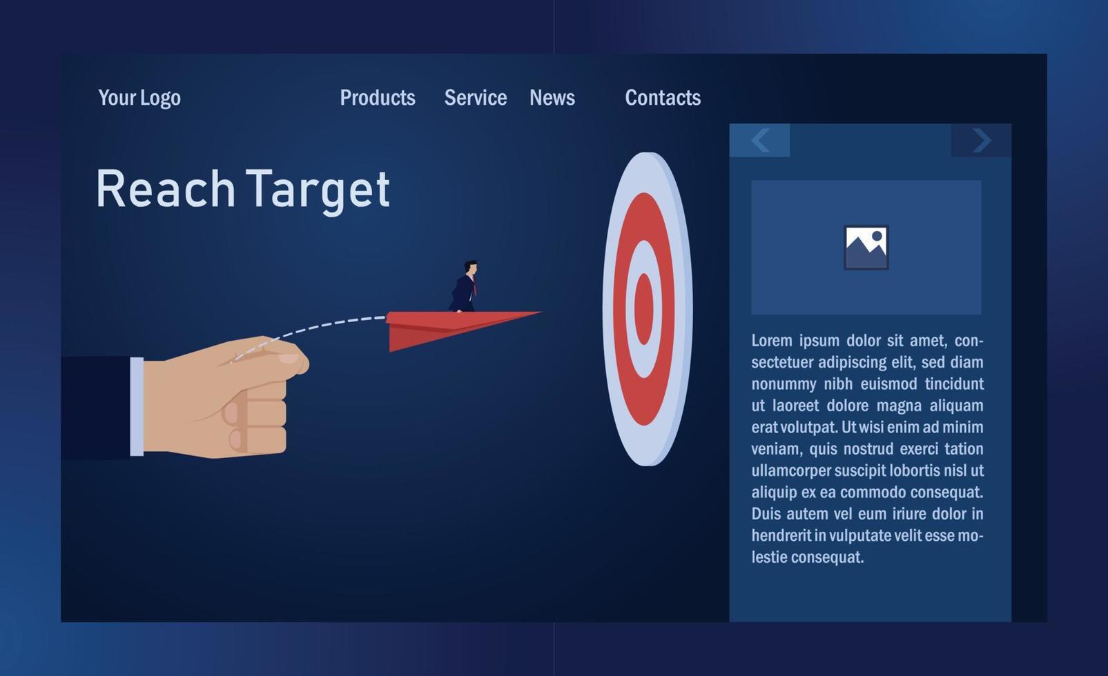 Landing Page Template. Hand throw away the paper plane ride over by businessman through the target. vector