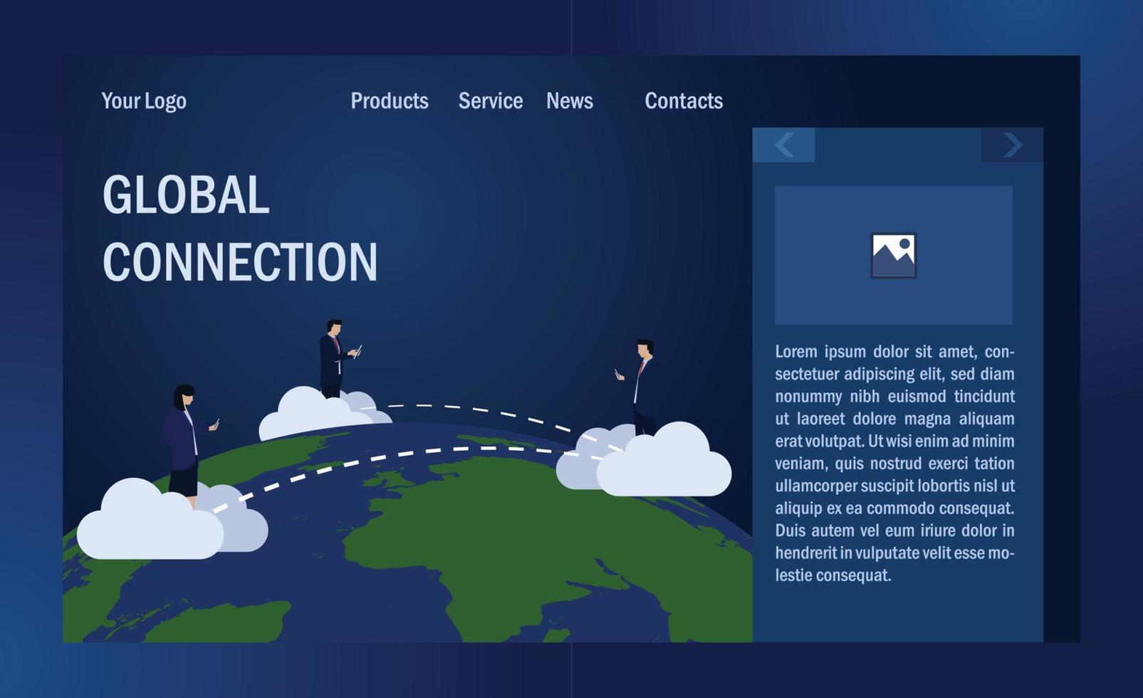 plantilla de página de destino. Internet de teléfono y tableta de uso comercial conectado a través de la conexión global mundial. vector