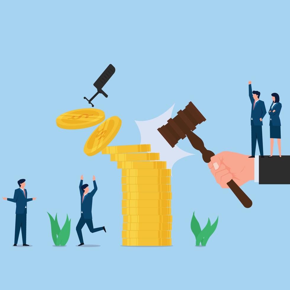 Hand hold hammer law punch the coins stack metaphor of fight against bribery. Business flat vector concept illustration