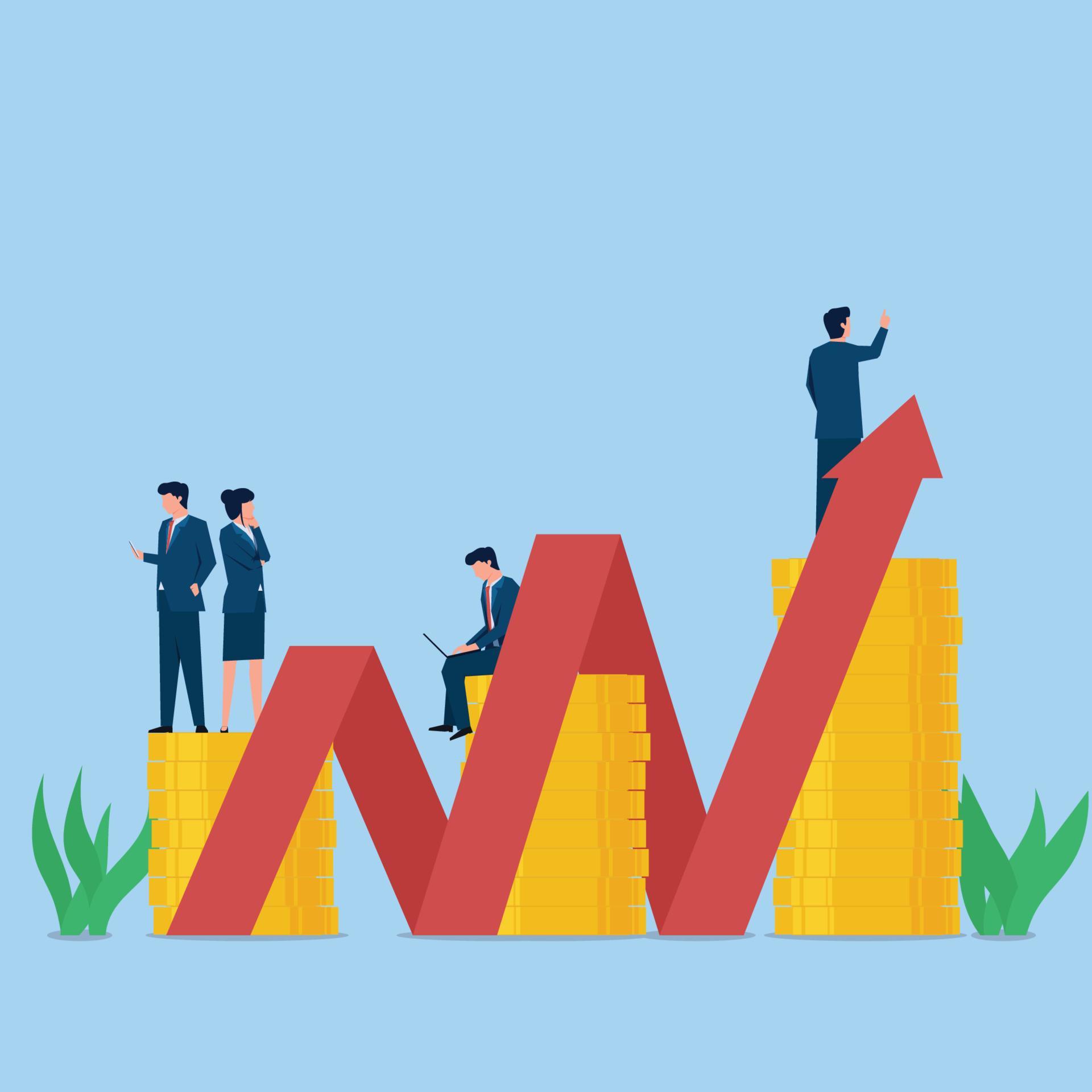 Business people stand above coins stack and chart arrow going up