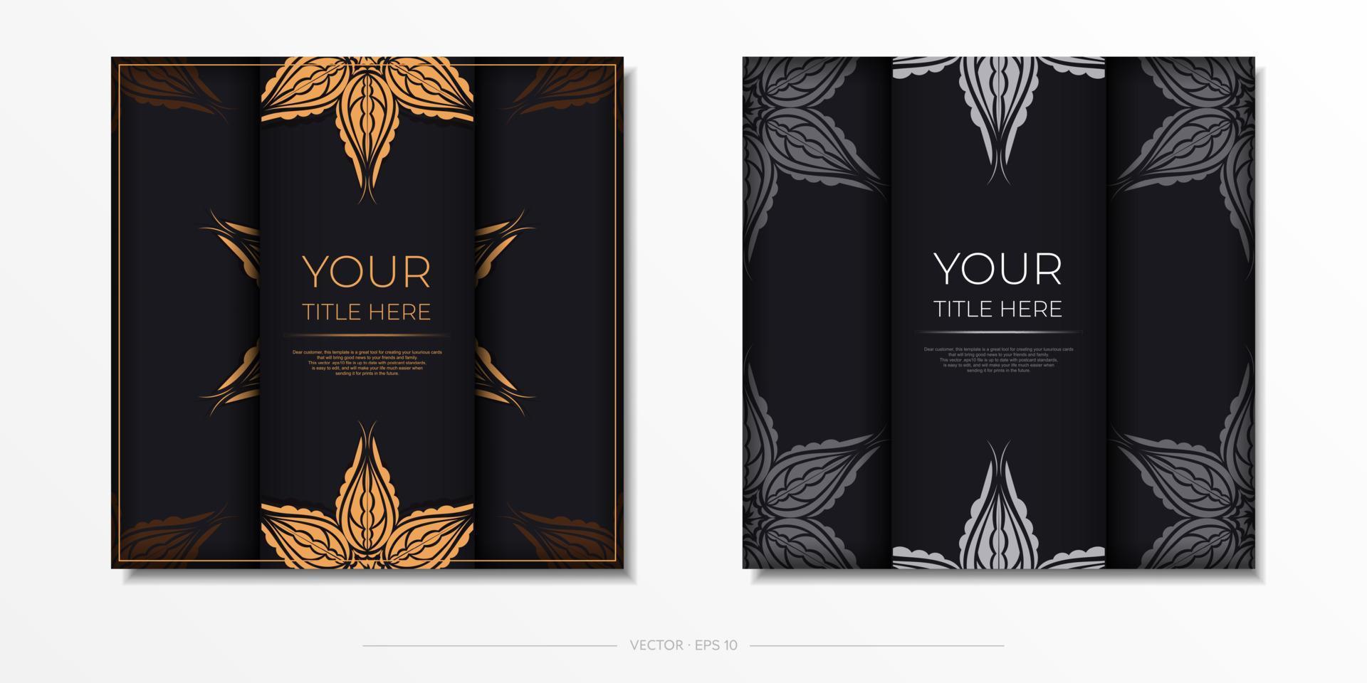 Luxurious black postcard template with vintage Indian mandala ornament. Elegant and classic vector elements ready for print and typography.