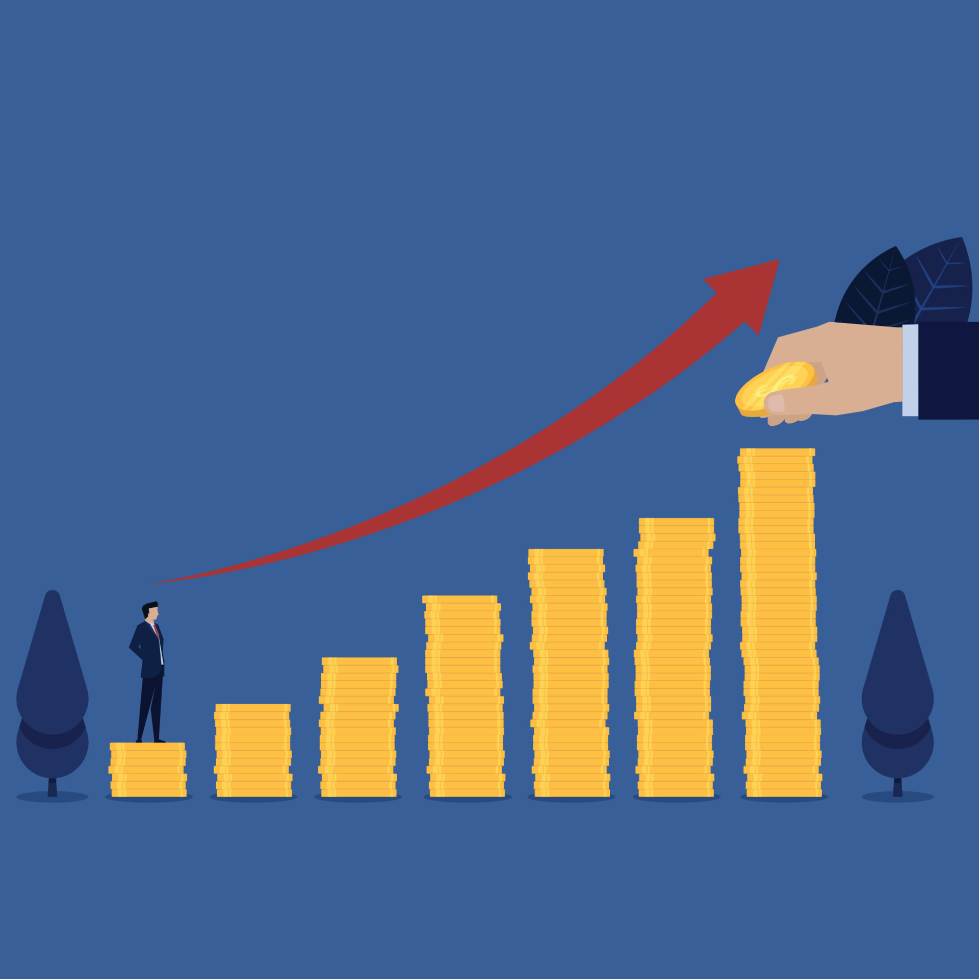 Businessman stand above coins stack see next step for career growth