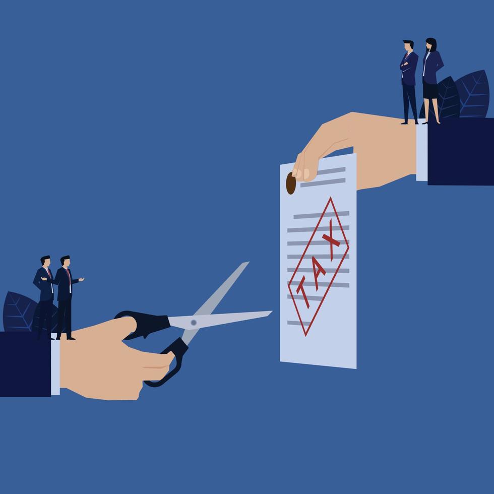 Business hand hold scissor to cut tax form metaphor of tax deduction. vector