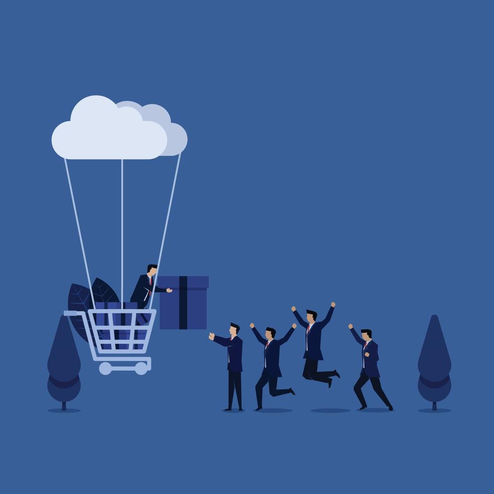 Business team happy for gift from cart connected to cloud metaphor of shopping online. vector