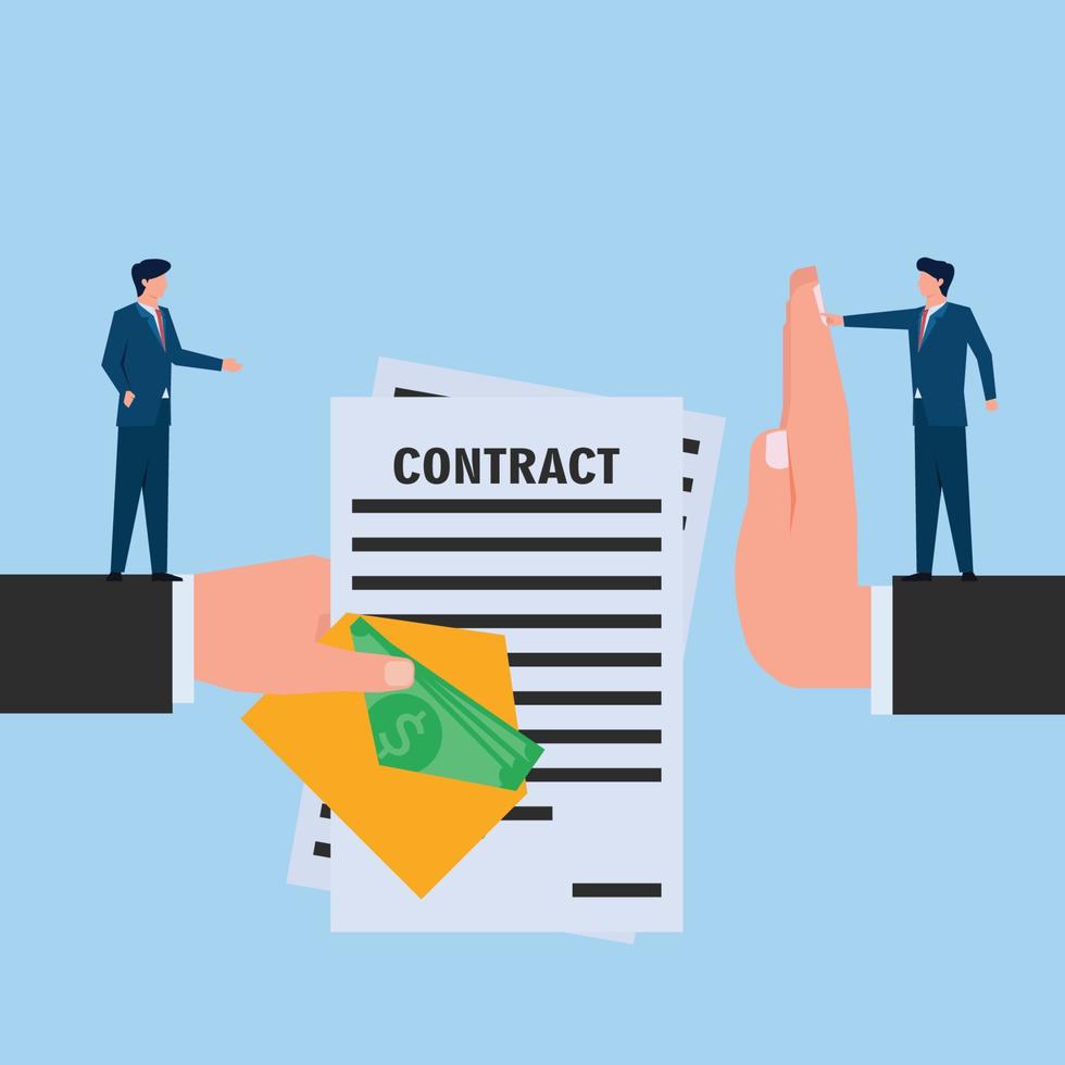 Man refuse money on contract metaphor of bribe and corruption. Business flat vector concept illustration